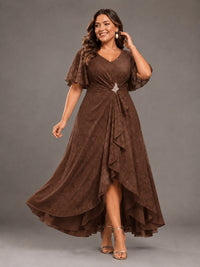 Jacquard Chiffon A-Line V-Neck High-Low Mother of the Bride Dress