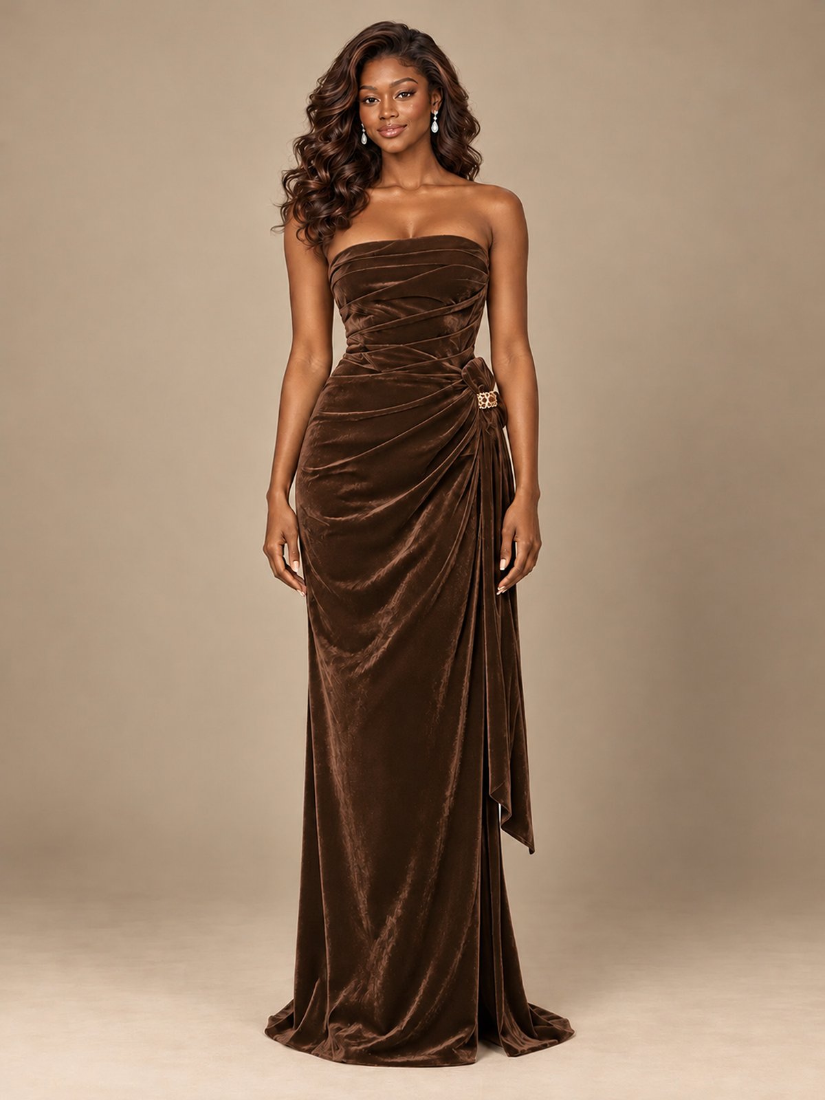 Burgundy Velvet Strapless Ruched Prom Dress with Jeweled Side Drape