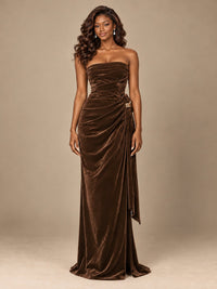 Burgundy Velvet Strapless Ruched Prom Dress with Jeweled Side Drape