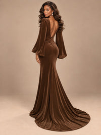 Burgundy Velvet Deep V-Neck Ruched Long Sleeve Maxi Dress