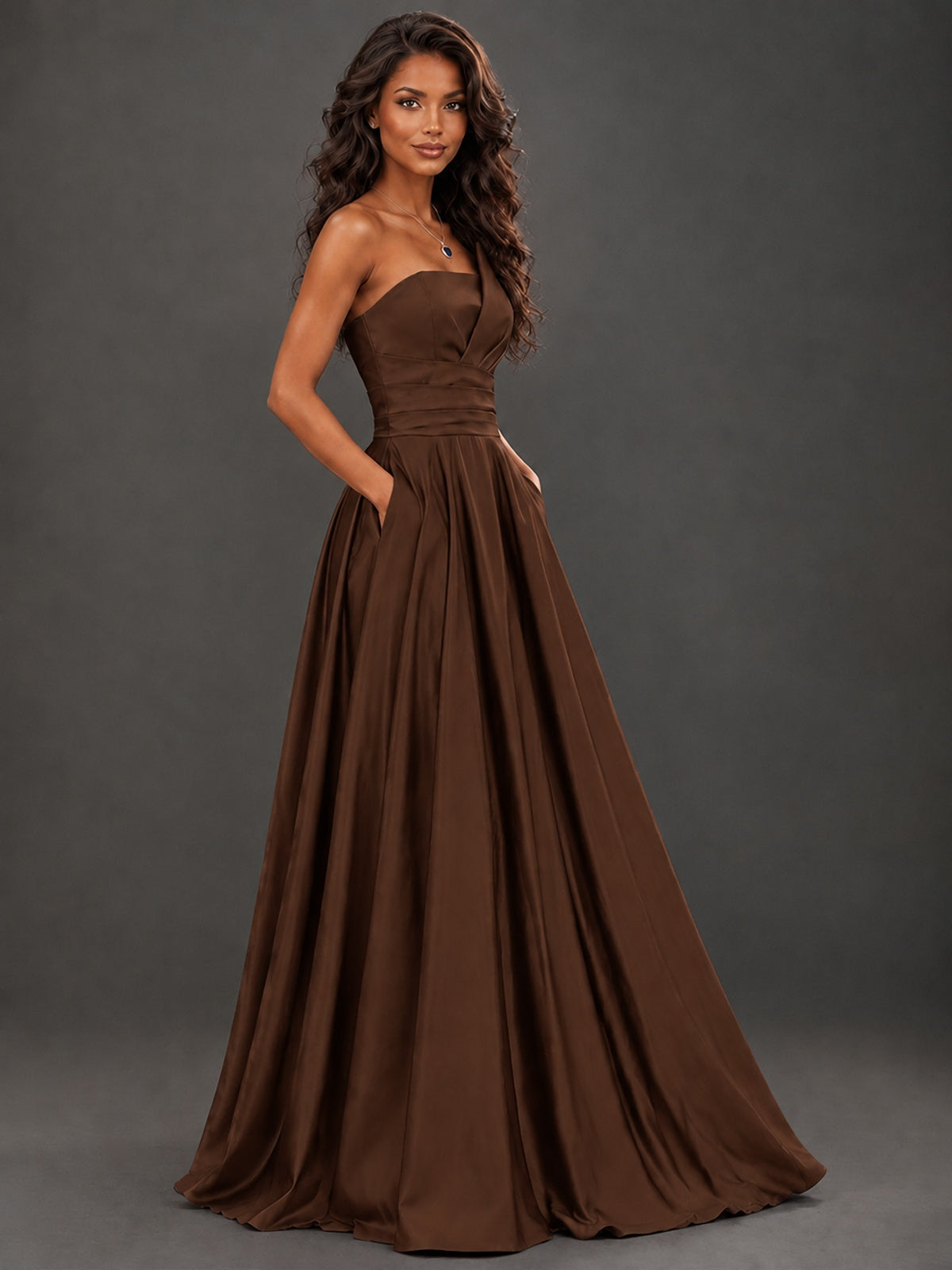 Draped Satin Prom Dress Strapless A-line Formal Dress Floor Length