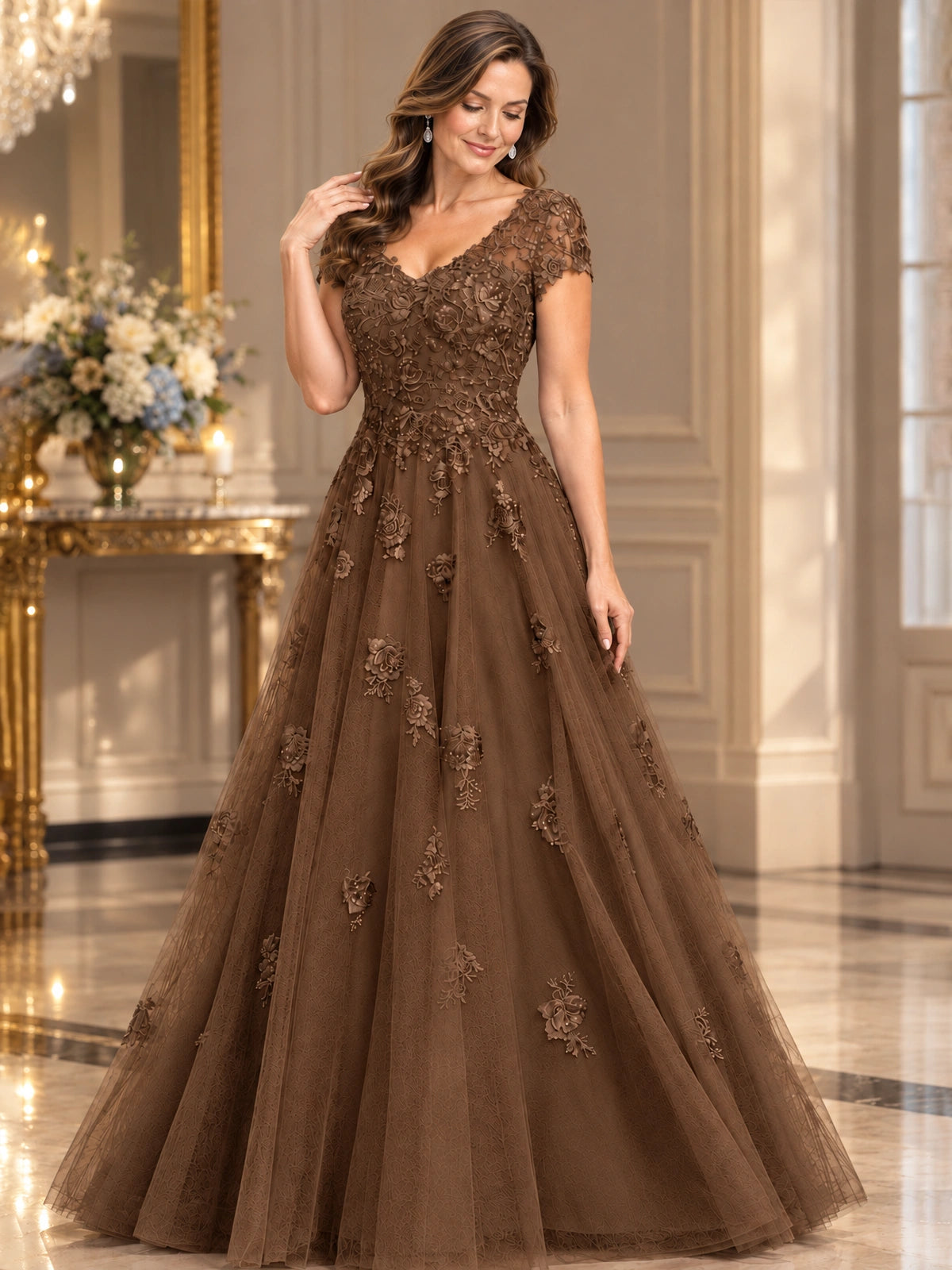 Lace Appliques A-line Mother of The Bride Dresses with Short Sleeves