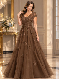 Lace Appliques A-line Mother of The Bride Dresses with Short Sleeves