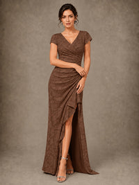 V-Neck Floral Jacquard Mother of the Bride Dress with Slit