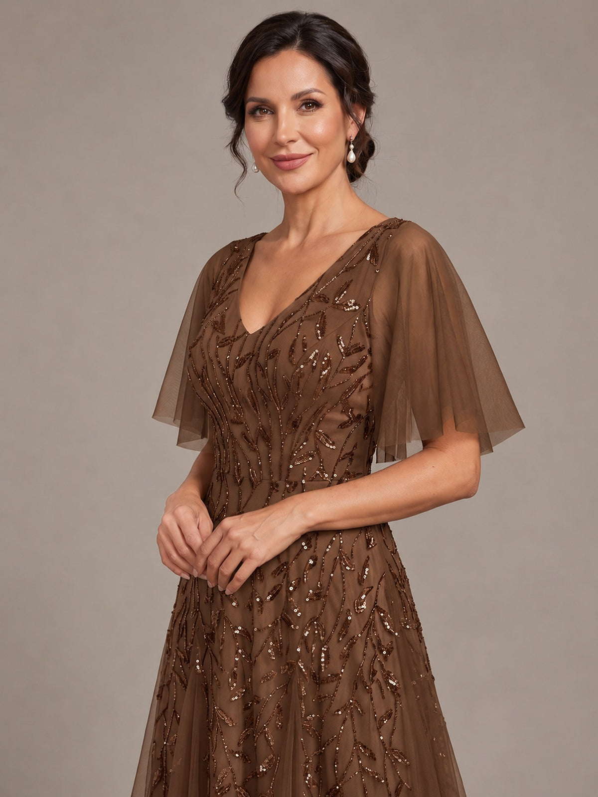V-Neck Sequin Tulle Mother of the Bride Dress with Flutter Sleeve