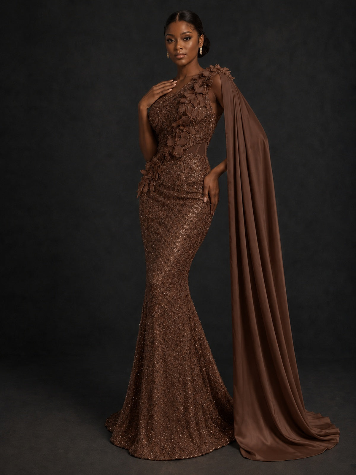 Gold Sequin One Shoulder Mermaid Prom Dress with Cape