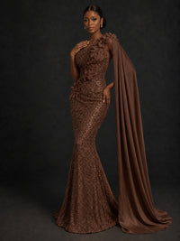 Gold Sequin One Shoulder Mermaid Prom Dress with Cape