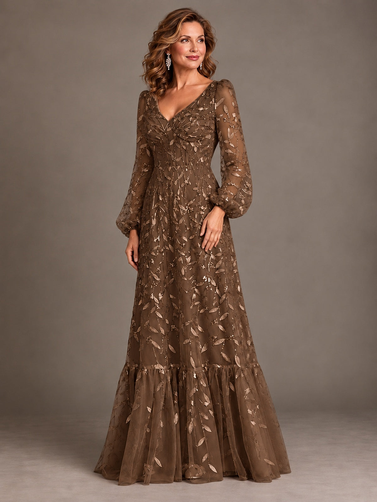 Floral Sequin Embroidered A-Line Mother of the Bride Dress with Long Sleeves