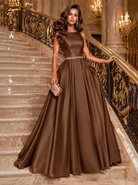 Satin A-Line Prom Dress Sleeveless Beaded Waist Formal Gown with Pockets