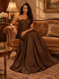 Draped Satin Prom Dress Strapless A-line Formal Dress Floor Length