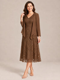 Tea Length Sequin Lace Mother of the Bride Dress with Chiffon Jacket