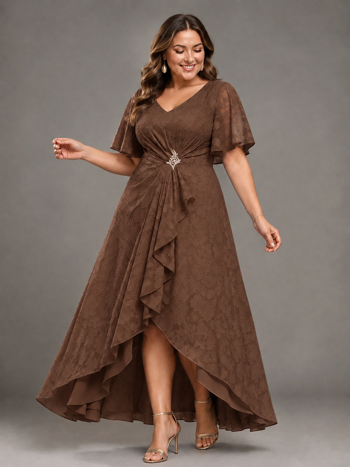 Jacquard Chiffon A-Line V-Neck High-Low Mother of the Bride Dress