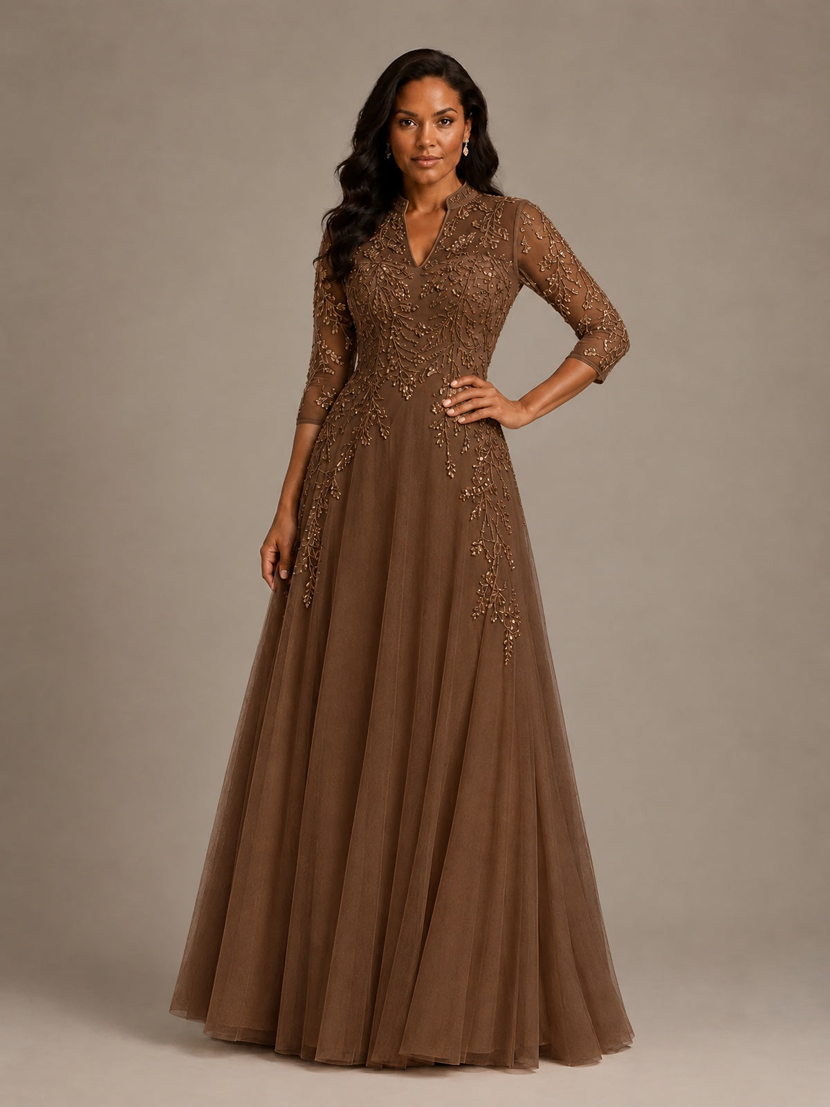 Embellished Appliques Mother of the Bride Dress with 3/4 Sleeves