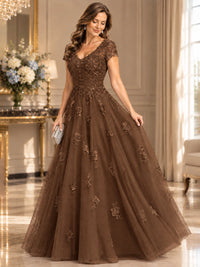 Lace Appliques A-line Mother of The Bride Dresses with Short Sleeves