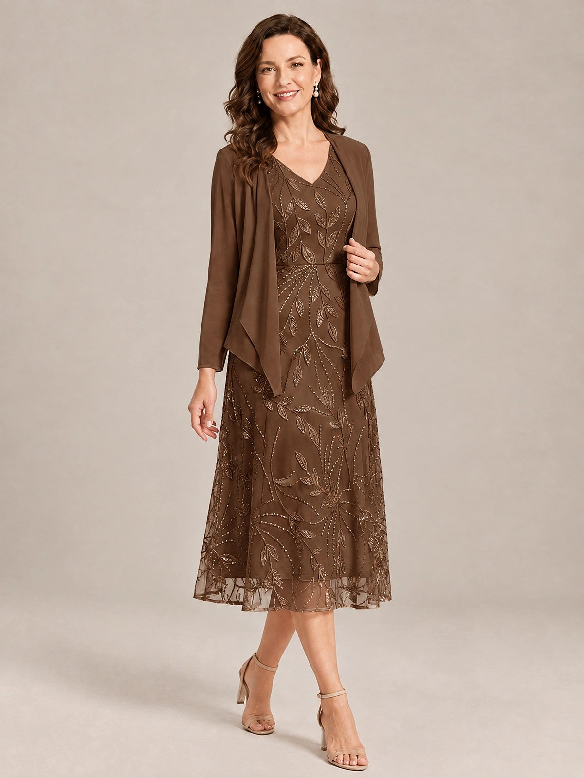 Tea Length Sequin Lace Mother of the Bride Dress with Chiffon Jacket