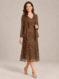 Tea Length Sequin Lace Mother of the Bride Dress with Chiffon Jacket