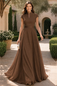 V Neck Cap Sleeve A-Line Floor-Length Satin Bridesmaid Dress