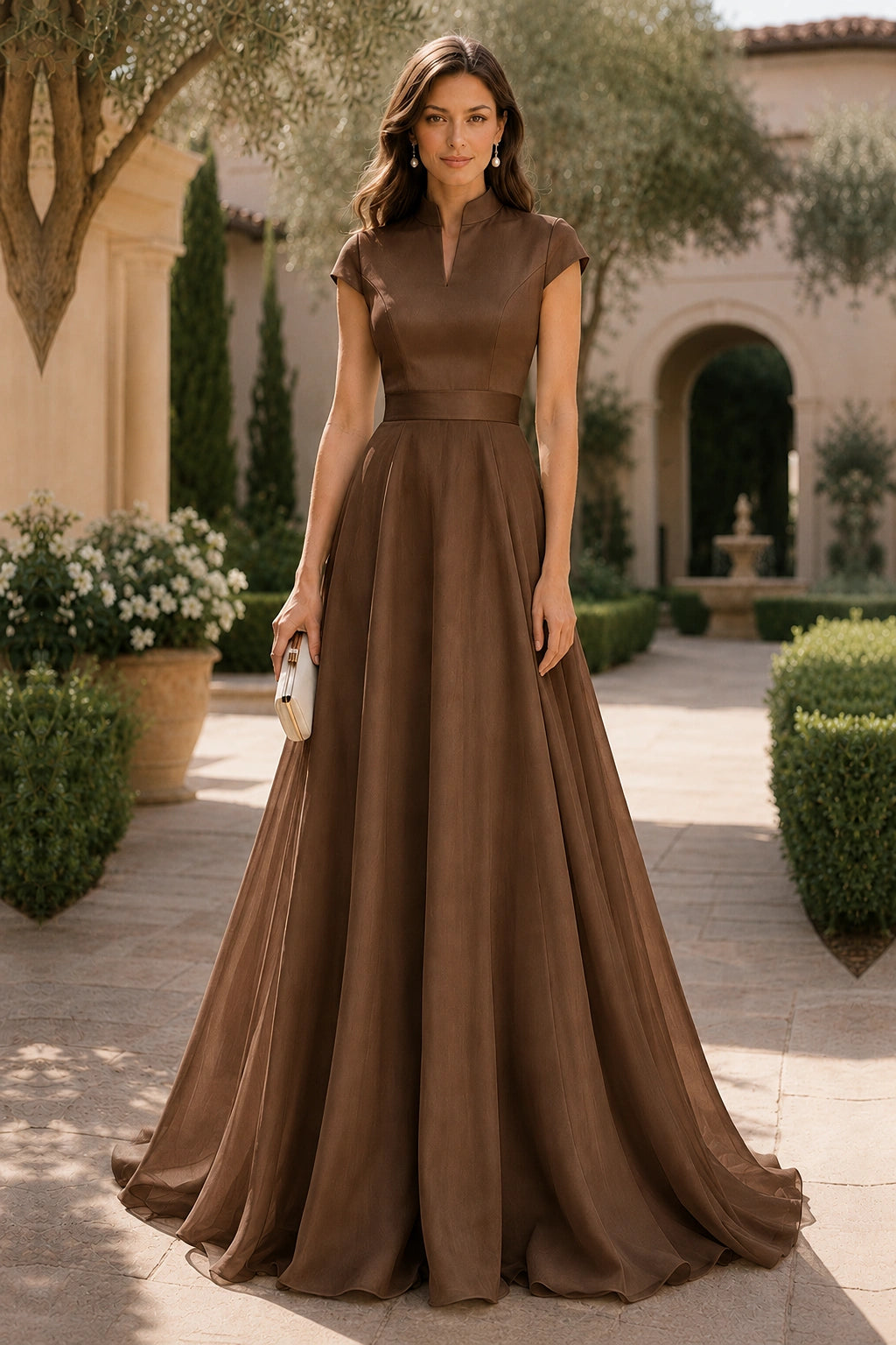 V Neck Cap Sleeve A-Line Floor-Length Satin Bridesmaid Dress