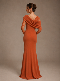 Dusty Rose Illusion Long Sleeve Chiffon Applique Mother of The Bride Dress