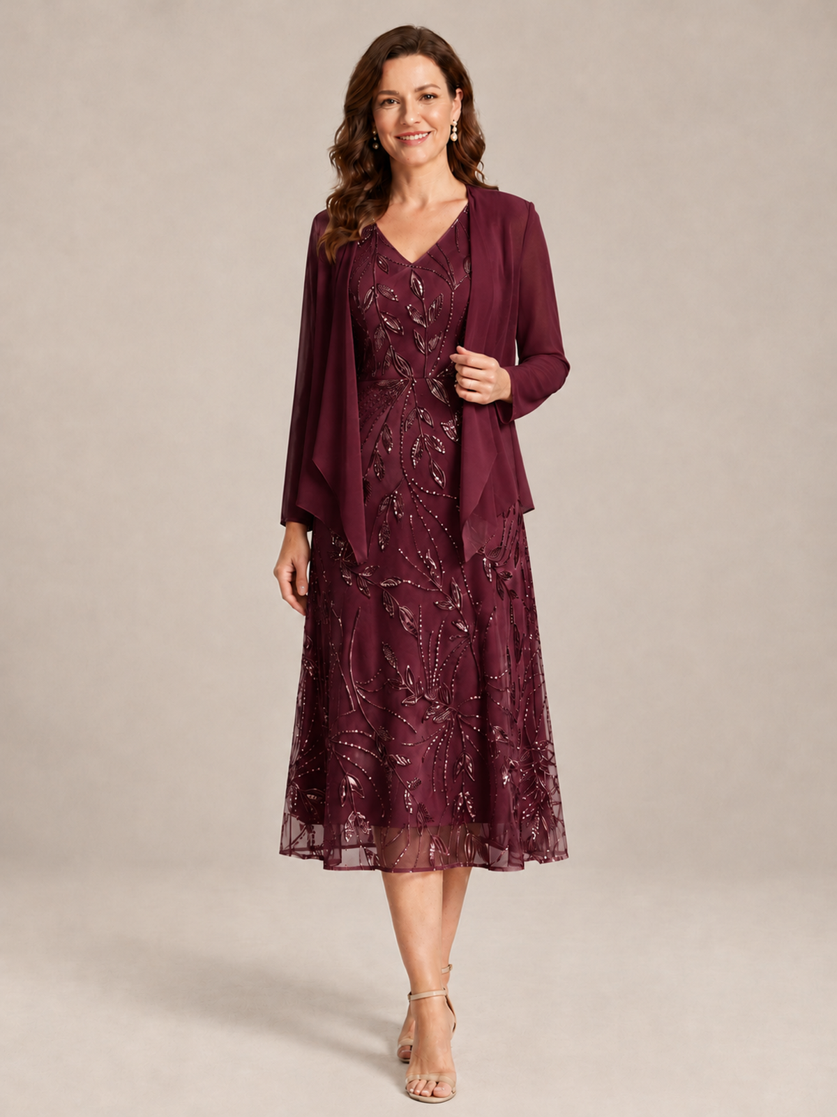 Tea Length Sequin Lace Mother of the Bride Dress with Chiffon Jacket