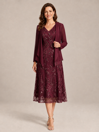 Tea Length Sequin Lace Mother of the Bride Dress with Chiffon Jacket
