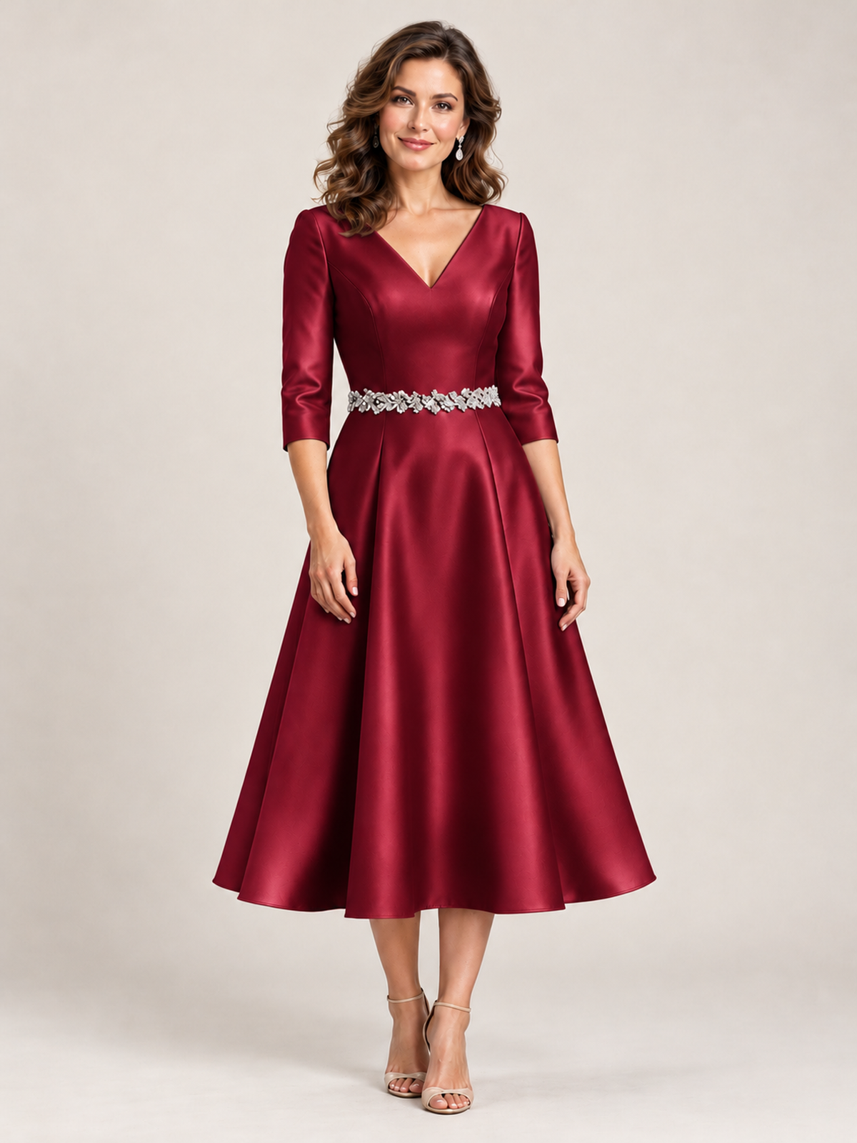 Light Blue V-Neck Tea-Length Mother of the Bride Dress with Embellished Waist