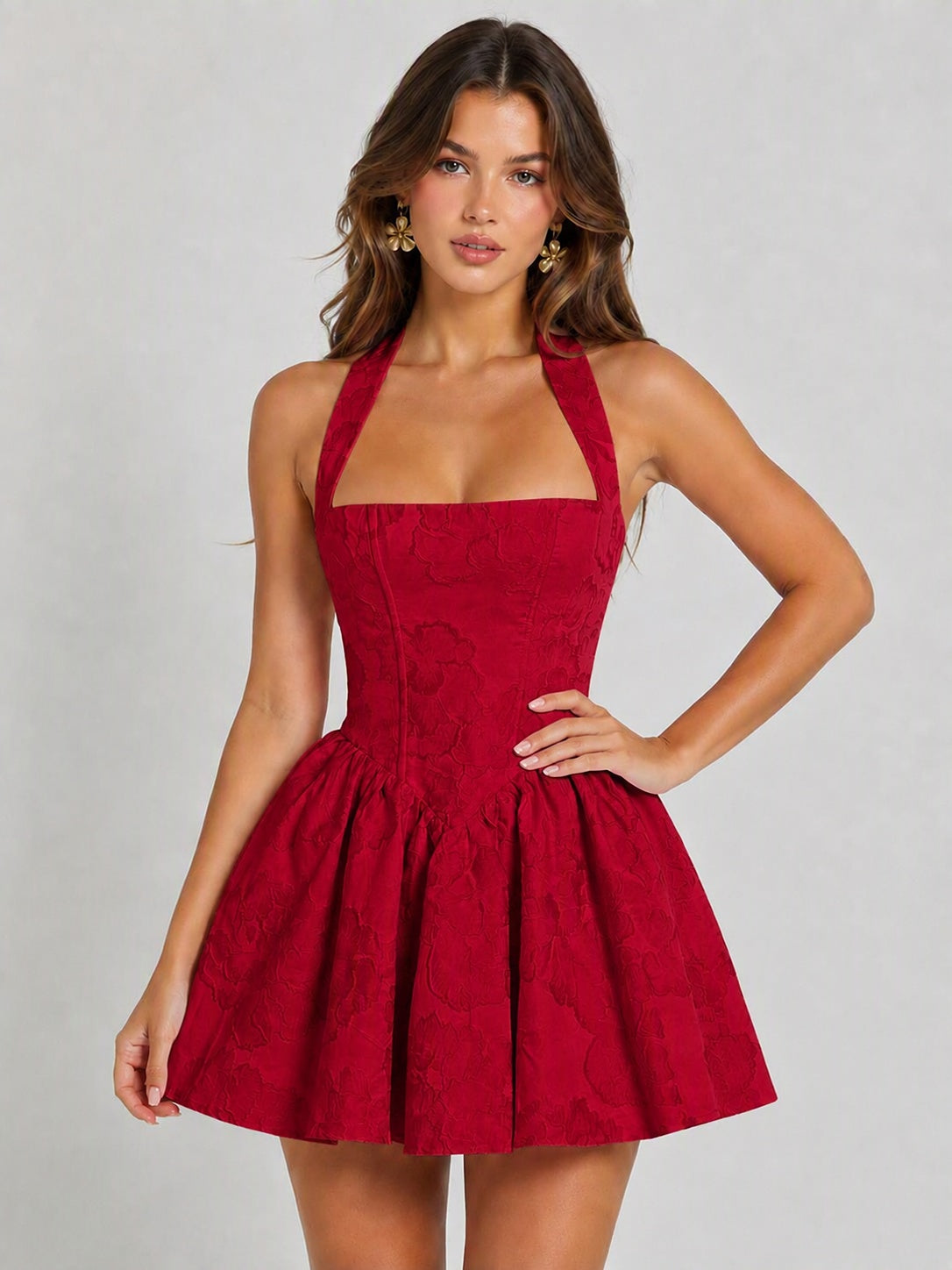 Burgundy Floral Jacquard Halter Mini Dress