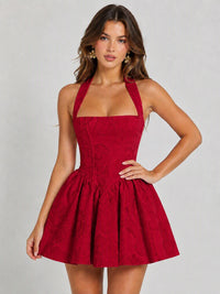 Burgundy Floral Jacquard Halter Mini Dress