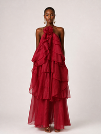 Orange Chiffon Halter Ruffle Maxi Dress with 3D Flower