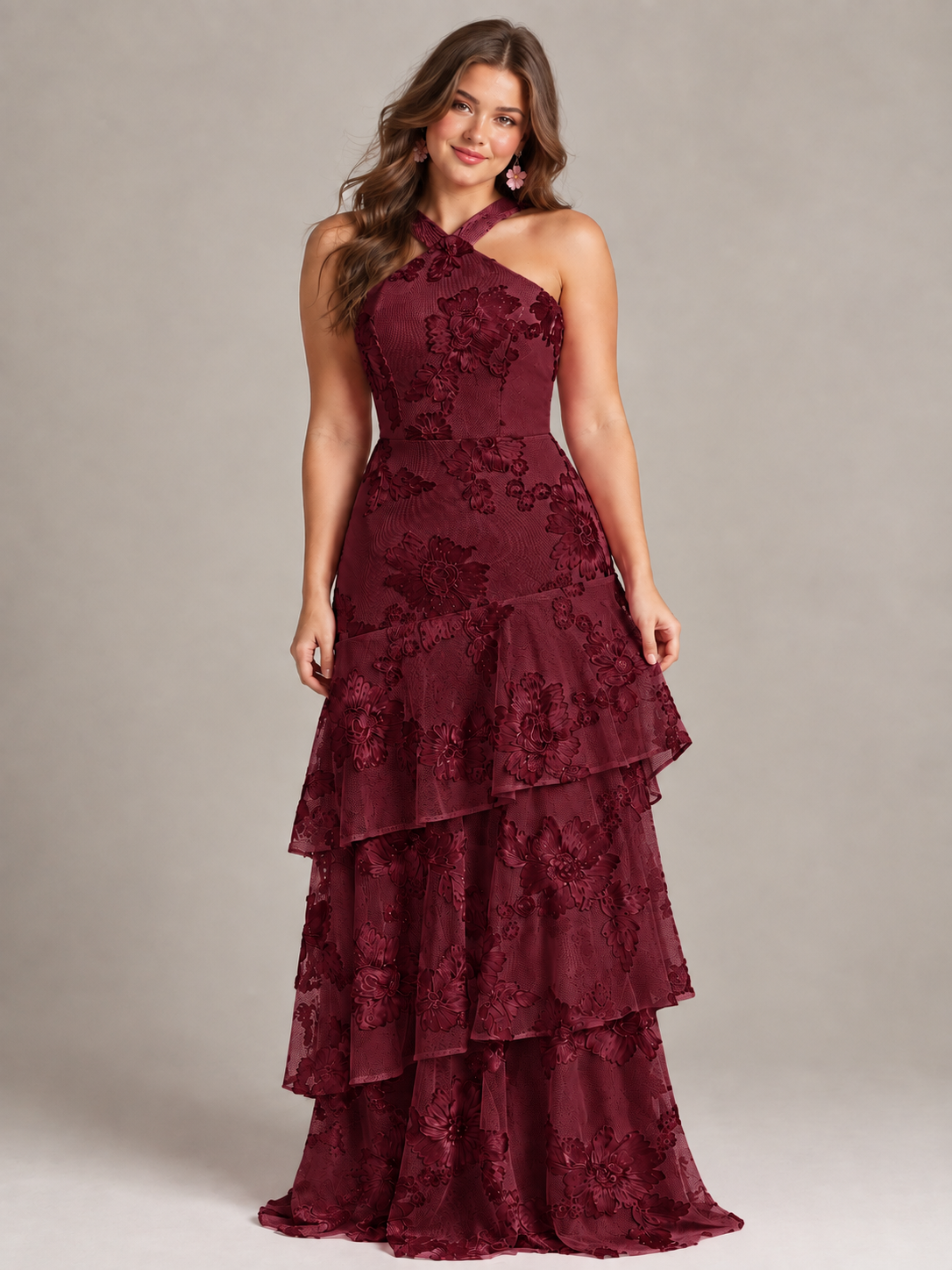 Hot Pink Halter Floral Applique Maxi Dress