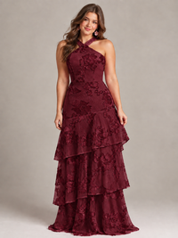 Hot Pink Halter Floral Applique Maxi Dress