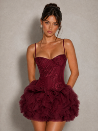 Pink Corset Mini Dress with Floral Applique & Tulle Ruffles