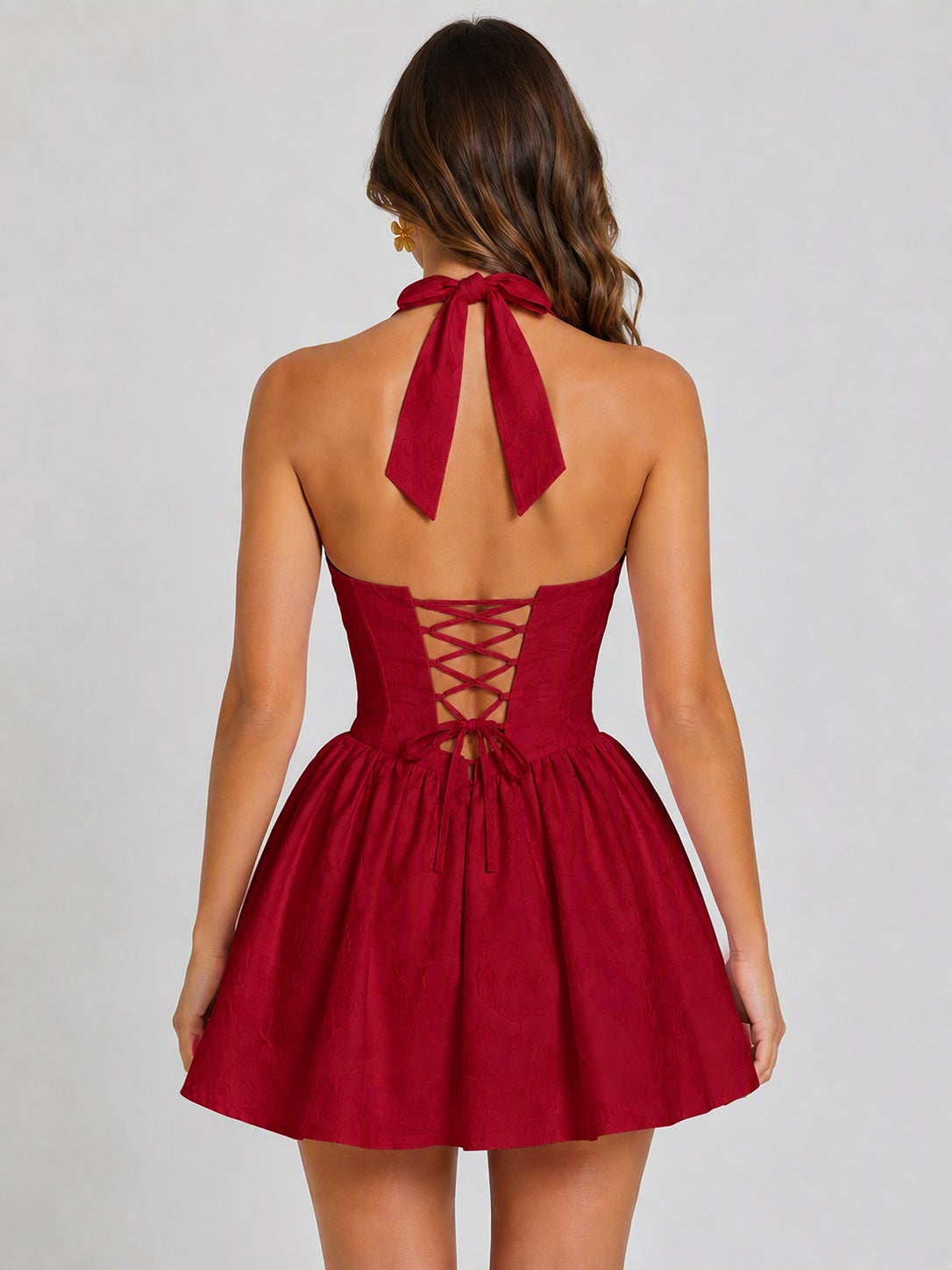 Burgundy Floral Jacquard Halter Mini Dress