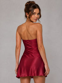 Burnt Orange Strapless Satin Mini Dress