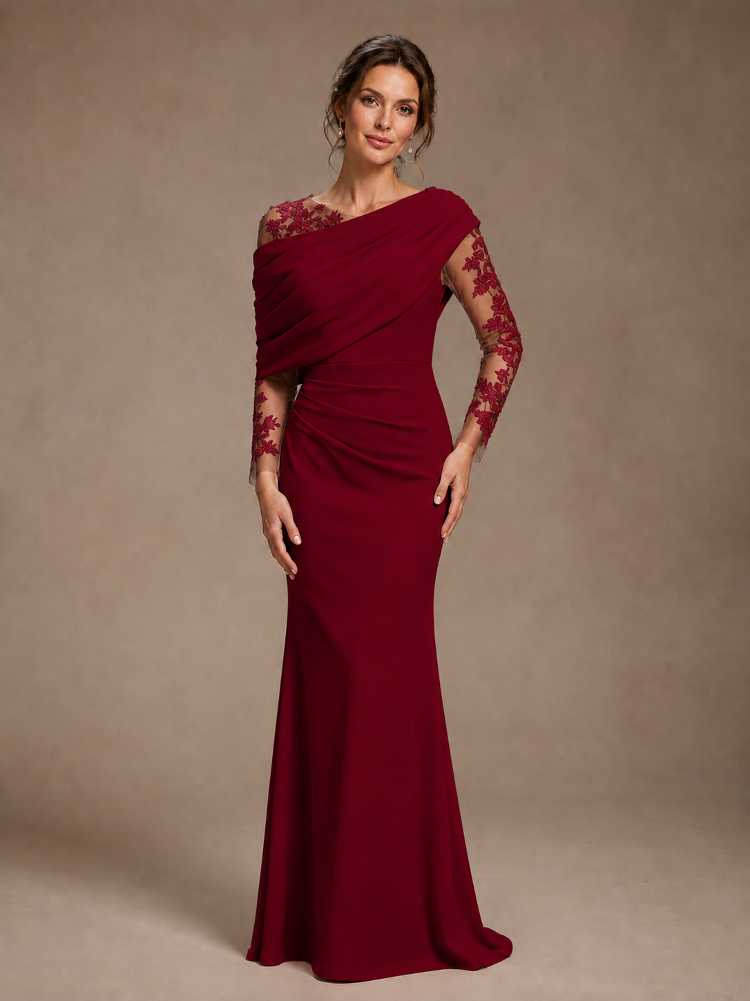 Dusty Rose Illusion Long Sleeve Chiffon Applique Mother of The Bride Dress