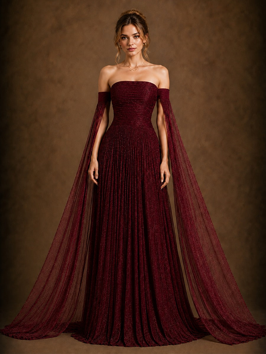 Burgundy Off-Shoulder Cape Sleeve Evening Gown with Ruched Bodice