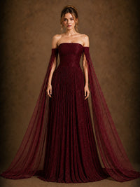 Burgundy Off-Shoulder Cape Sleeve Evening Gown with Ruched Bodice