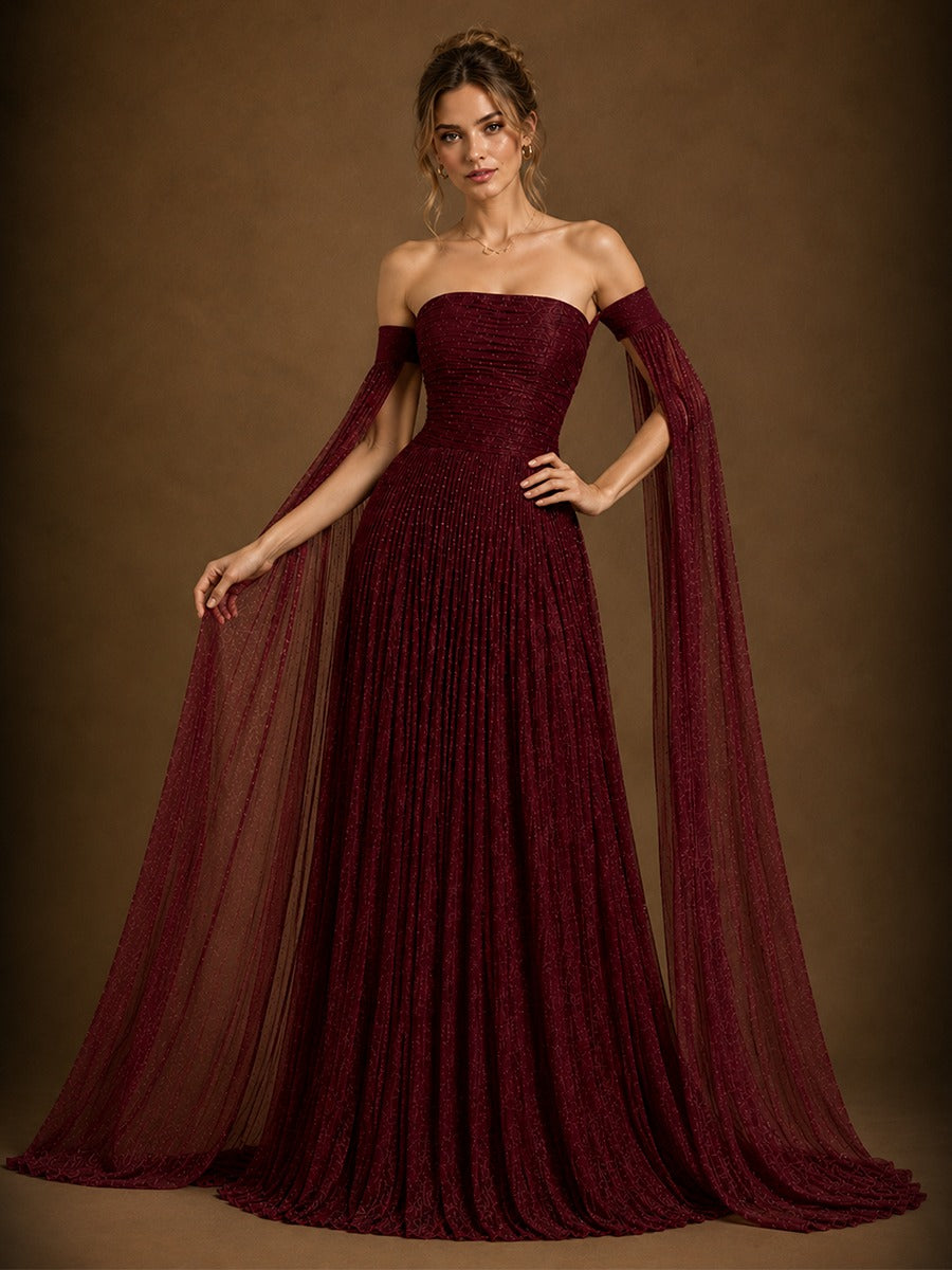 Burgundy Off-Shoulder Cape Sleeve Evening Gown with Ruched Bodice