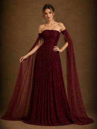 Burgundy Off-Shoulder Cape Sleeve Evening Gown with Ruched Bodice