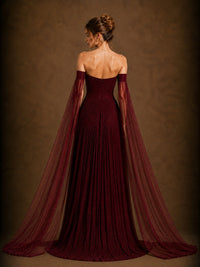 Burgundy Off-Shoulder Cape Sleeve Evening Gown with Ruched Bodice