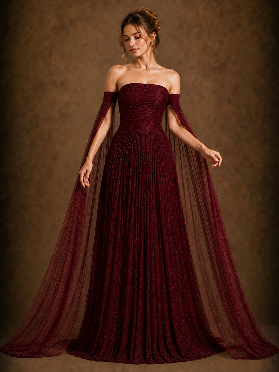 Burgundy Off-Shoulder Cape Sleeve Evening Gown with Ruched Bodice