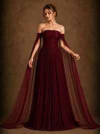 Burgundy Off-Shoulder Cape Sleeve Evening Gown with Ruched Bodice