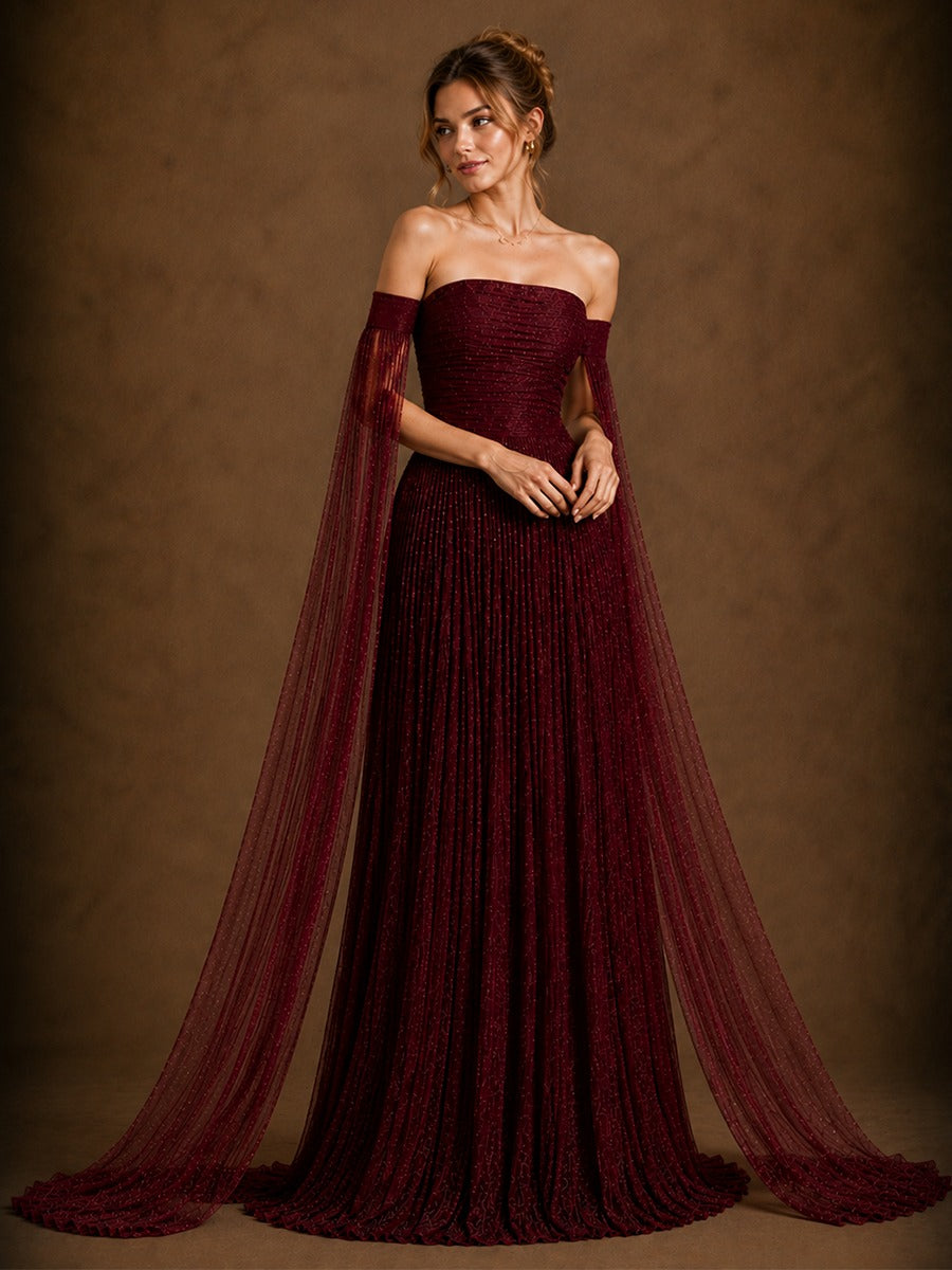 Burgundy Off-Shoulder Cape Sleeve Evening Gown with Ruched Bodice