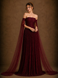 Burgundy Off-Shoulder Cape Sleeve Evening Gown with Ruched Bodice