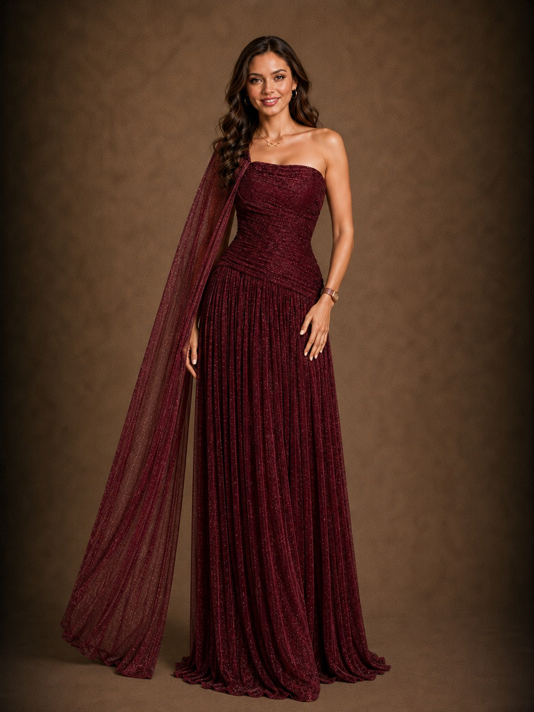 Burgundy One-Shoulder Cape Evening Gown with Ruched Bodice