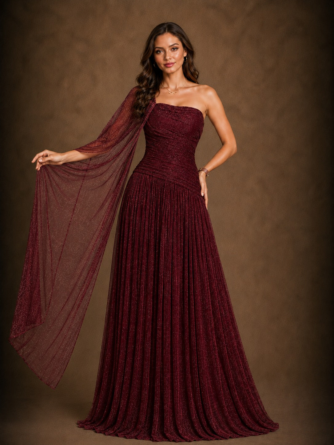 Burgundy One-Shoulder Cape Evening Gown with Ruched Bodice