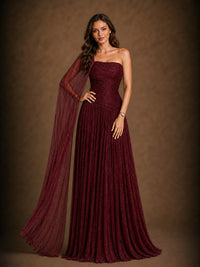 Burgundy One-Shoulder Cape Evening Gown with Ruched Bodice
