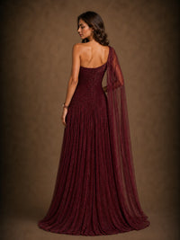 Burgundy One-Shoulder Cape Evening Gown with Ruched Bodice