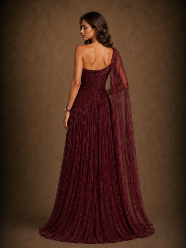 Burgundy One-Shoulder Cape Evening Gown with Ruched Bodice