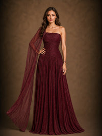 Burgundy One-Shoulder Cape Evening Gown with Ruched Bodice